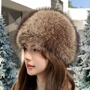 简约美洲貉子毛帽子御寒护耳真皮保暖整皮皮草圆帽皮毛一体女式帽