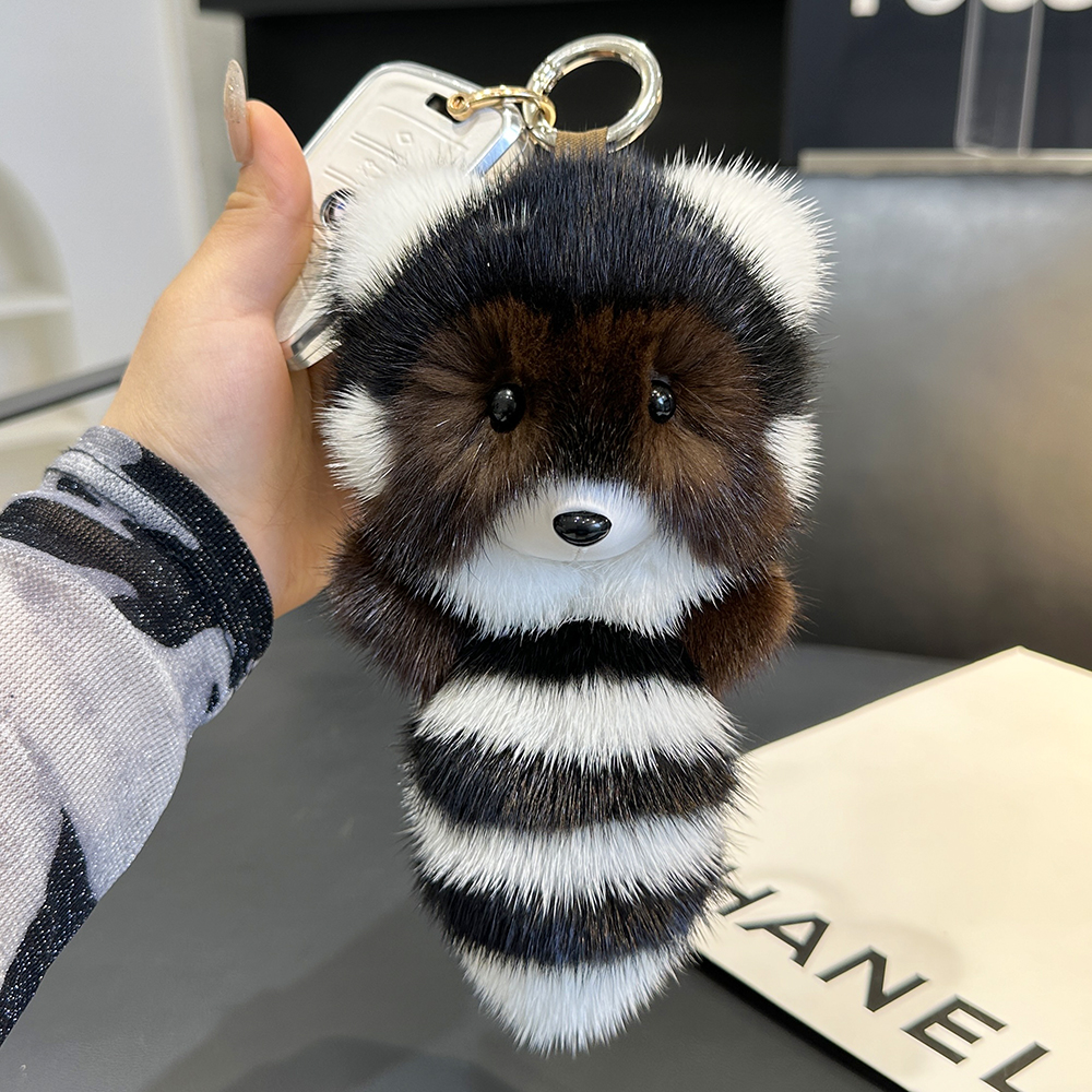 精致水貂毛小浣熊汽车钥匙扣挂件可爱小狐狸玩偶包包挂饰生日礼物