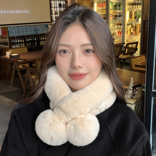 真毛獭兔毛围巾女冬季保暖学生百搭可爱交叉皮草围脖濑兔毛绒加厚