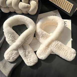 冬季獭兔毛编织小围巾女简约百搭双面加厚护颈毛茸茸皮草毛毛围脖