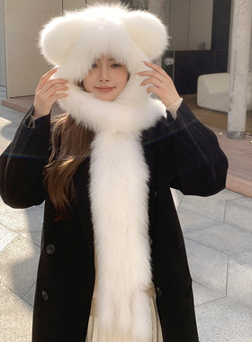 可爱小熊真狐狸毛围巾一体风雪帽
