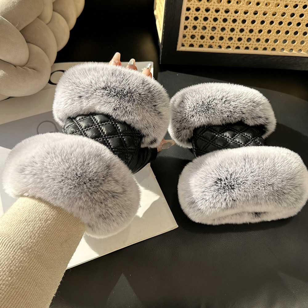 时尚真羊皮手套冬季加绒保暖漏指手暖女士触屏皮草手套獭兔毛护腕