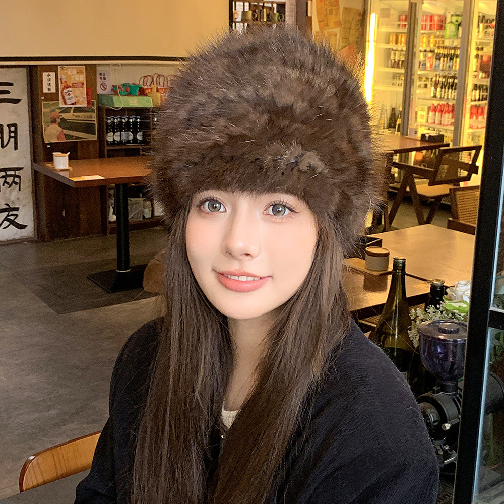 紫貂皮草帽子女冬季裘皮水貂貂毛毛毛帽子编织保暖护耳百搭包头帽