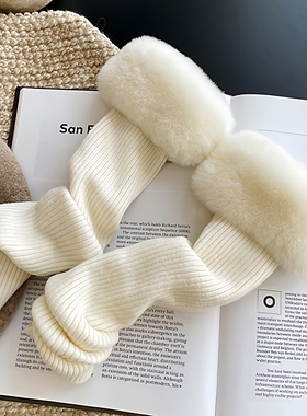 针织袖套女秋冬季獭兔毛露指保暖加长手套皮草毛线假袖子护胳膊套