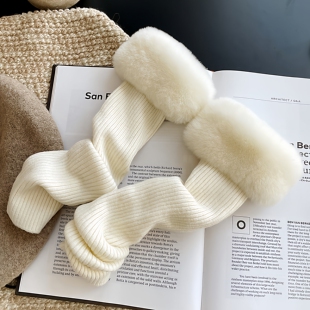 针织袖套女秋冬季獭兔毛露指保暖加长手套皮草毛线假袖子护胳膊套