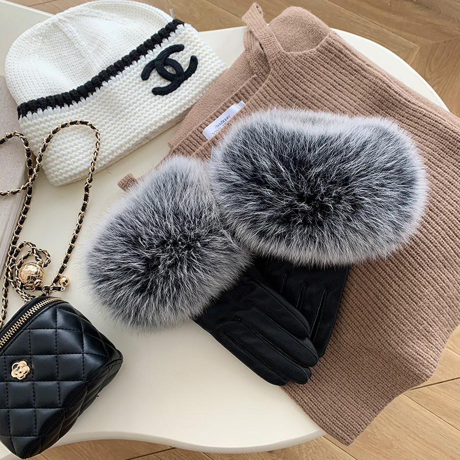 触屏狐狸毛大毛口手套女冬季保暖韩版气质加厚绒里进口山羊皮手套