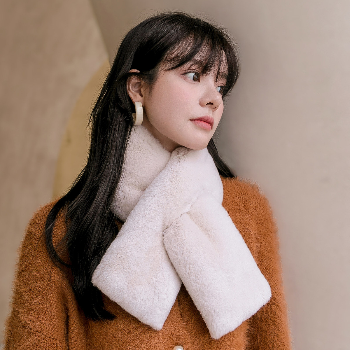 韩版天鹅绒整皮双面獭兔毛围巾女士皮草围脖真毛保暖加厚纯色冬季