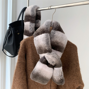 青紫蓝獭兔毛围巾女冬季保暖百搭气质龙猫纹渐变交叉皮草毛毛围脖