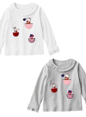 日本潮牌上衣新款familiar女童卡通小熊苹果刺绣花边领长袖T恤内