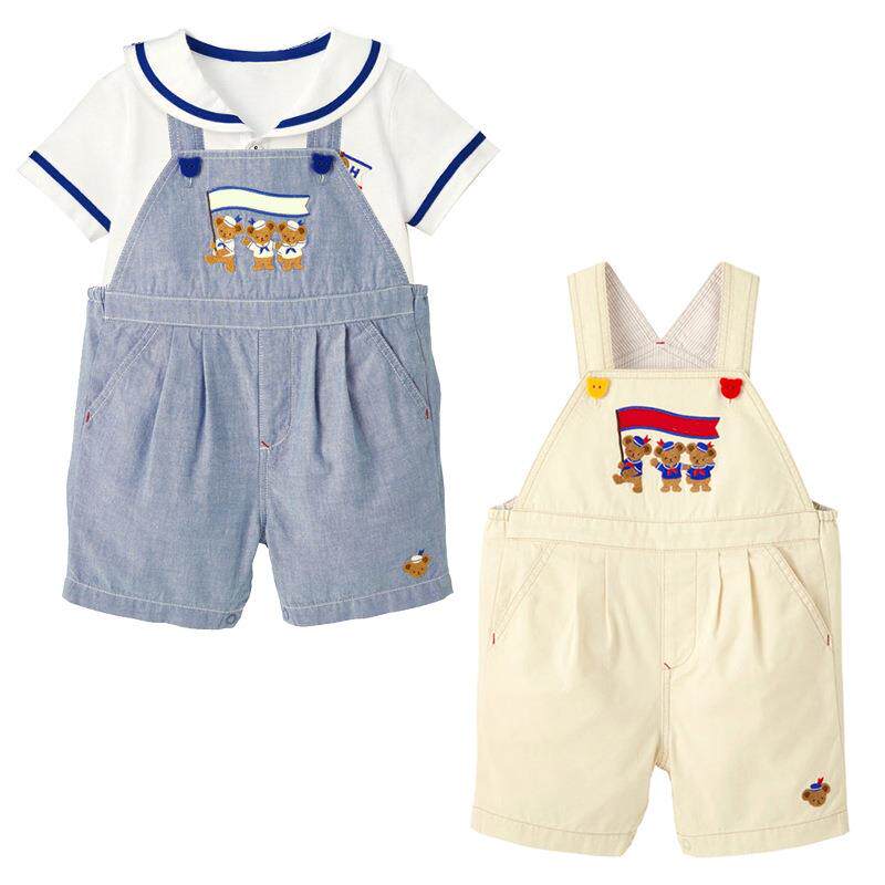 日本潮牌童装夏季新款男女儿童卡通海军熊刺绣背带裤宝宝短裤