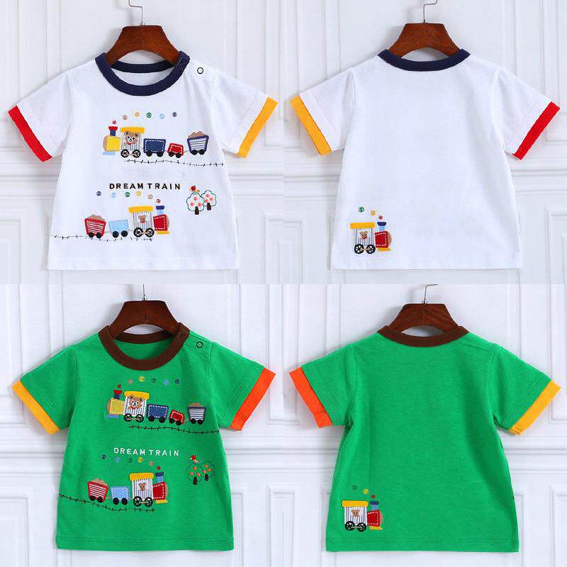 日本潮牌童装 夏季新款男女童卡通小熊火车刺绣短袖T恤上衣内搭