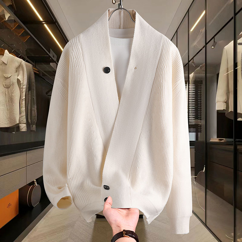 秋冬V领男士针织毛衣长袖慵懒风