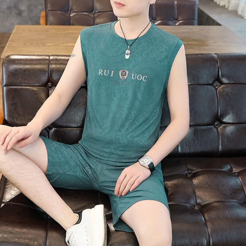 男士冰丝背心短裤套装夏季薄款休闲无袖五分裤速干冰感运动两件套