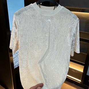 2026新款夏季男士冰丝绒圆领高级休闲百搭轻奢短袖T恤打底衫上衣