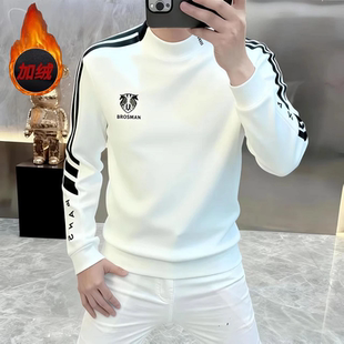 2026新款加绒加厚半高领撞色拼接男士秋冬时尚百搭保暖卫衣打底衫