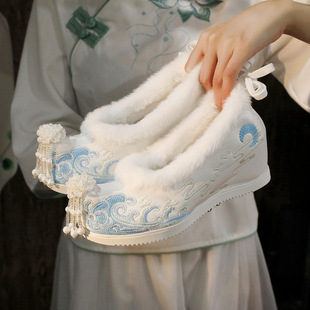 冬季加绒汉服鞋子女新款高跟中式古风棉鞋搭配旗袍学生古装绣花鞋