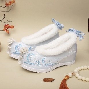 中国风冬季古风汉服棉鞋女加绒内增高绣花鞋搭配古装翘头履珍珠鞋