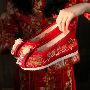 新娘秀禾结婚鞋女明制古风绣花鞋红色中式增高跟古装汉服鞋子平底