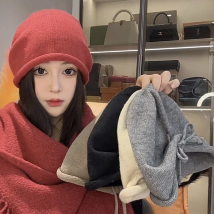 针织月子帽子女秋冬季系绳款女士堆堆帽高级感韩系冷帽大头围百搭