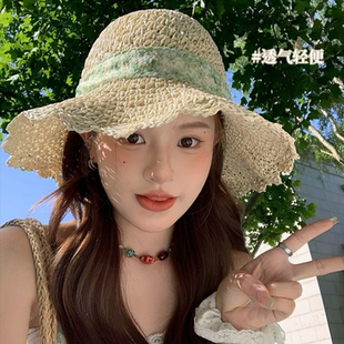 沙灘帽女夏海邊顯臉小度假草帽韓版 百搭 洋氣蕾絲太陽帽女2025新款