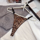 欧美迷人豹纹蕾丝内裤 纯欲性感可调节薄款 女细带T裤 低腰女士大码