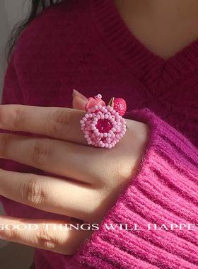 糖心玫瑰戒指女氛围感彩色串珠花朵指环小众设计独特闺蜜度假礼物