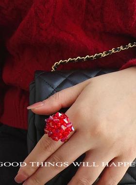 本命红水晶团子手工串珠戒指crush降临心动可调指环个性新年礼物