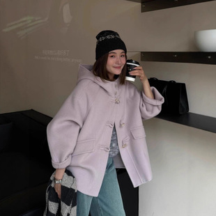 双面羊毛大衣女连帽宽松立领慵懒中长款阔版大牛角扣羊绒毛呢外套