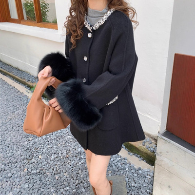 千金小个子中长款外套2025新款高级感钉珠狐狸毛双面羊毛绒女外套