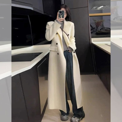 白色正肩双面羊绒大衣女装秋冬款气质过膝长款西装羊毛呢大衣外套