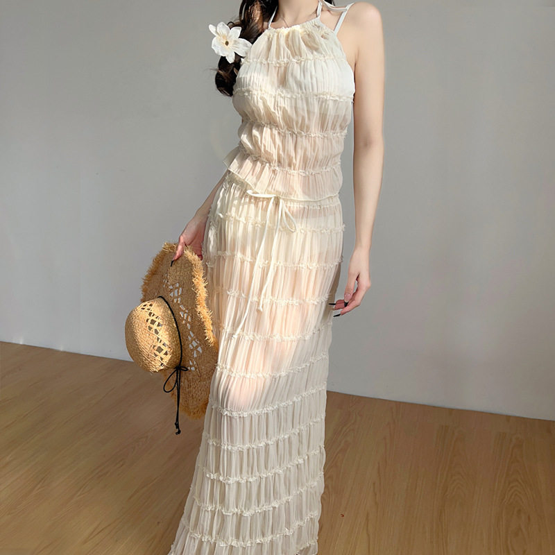 女神降临新款海边度假风纯欲透视白色露背绑带分体套装泳衣温泉