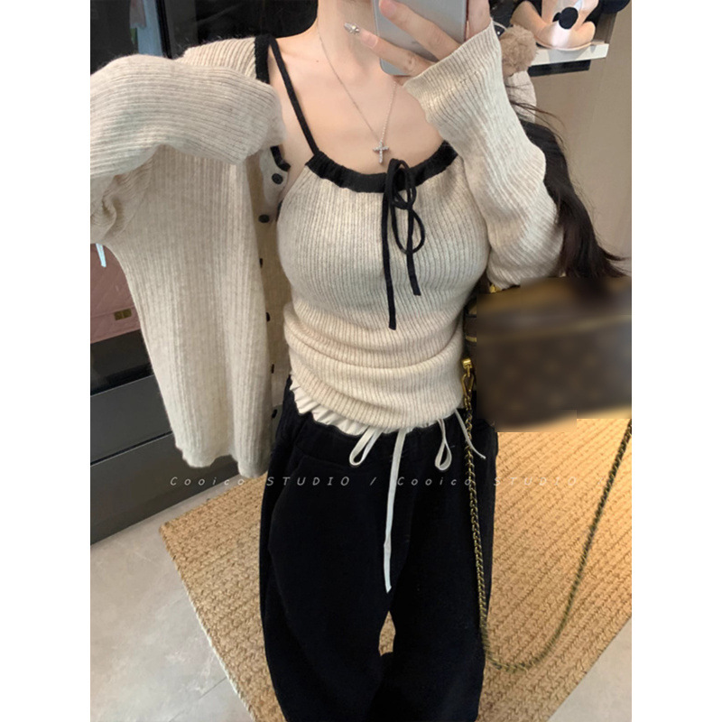 YUNS韩系甜美抽绳蝴蝶结针织开衫女秋冬新款设计感修身上衣毛衣