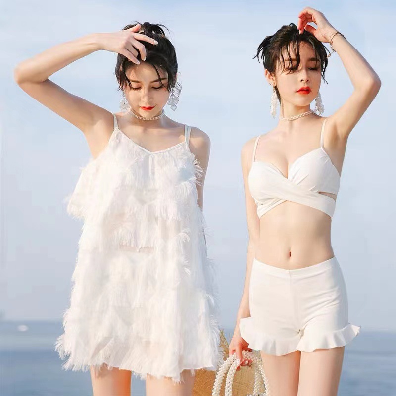 2025夏季新款分体比基尼三件套羽毛温泉显瘦遮肚仙女范泳衣度假