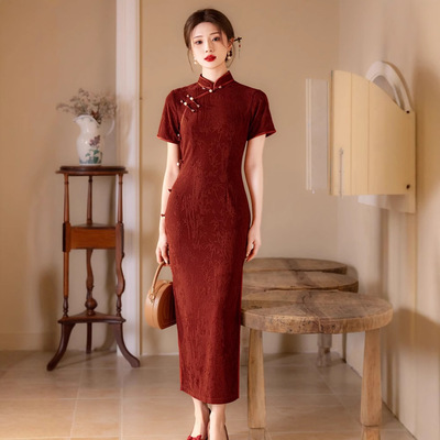 旗袍2025春新款改良复古敬酒服新娘短袖红色订婚新中式结婚连衣裙