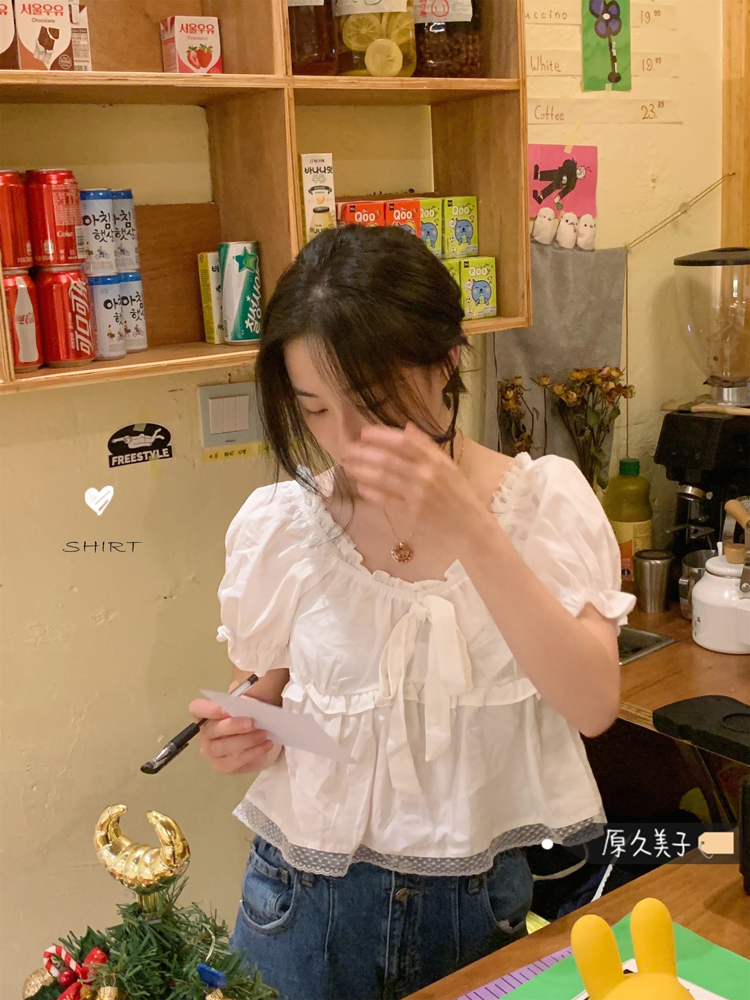 原久美子温柔到骨子里 韩系仙女风木耳边蕾丝蝴蝶结娃娃衫衬衣女