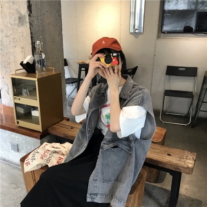 原久美子实拍韩风chic帅气宽松口袋早春叠穿搭配男友宽松牛仔马甲