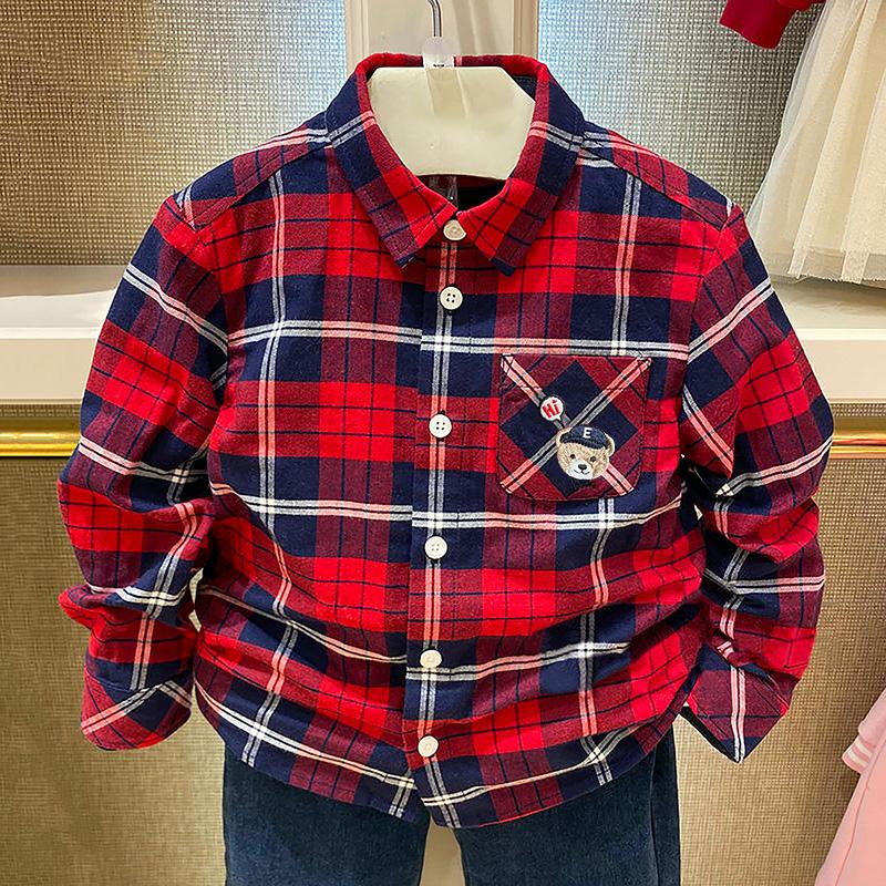 儿童衬衣小熊款春秋款男女童格子洋气衬衫中大童休闲百搭长袖上衣