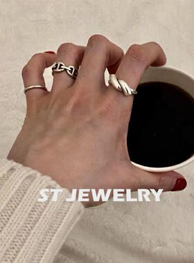 品质货】实心925纯银重工复古戒指开口食指韩版新款指环女做旧