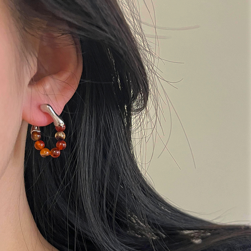 美拉德色系耳环】925纯银镀白金连体耳坠 个性短款精致串珠耳钉女