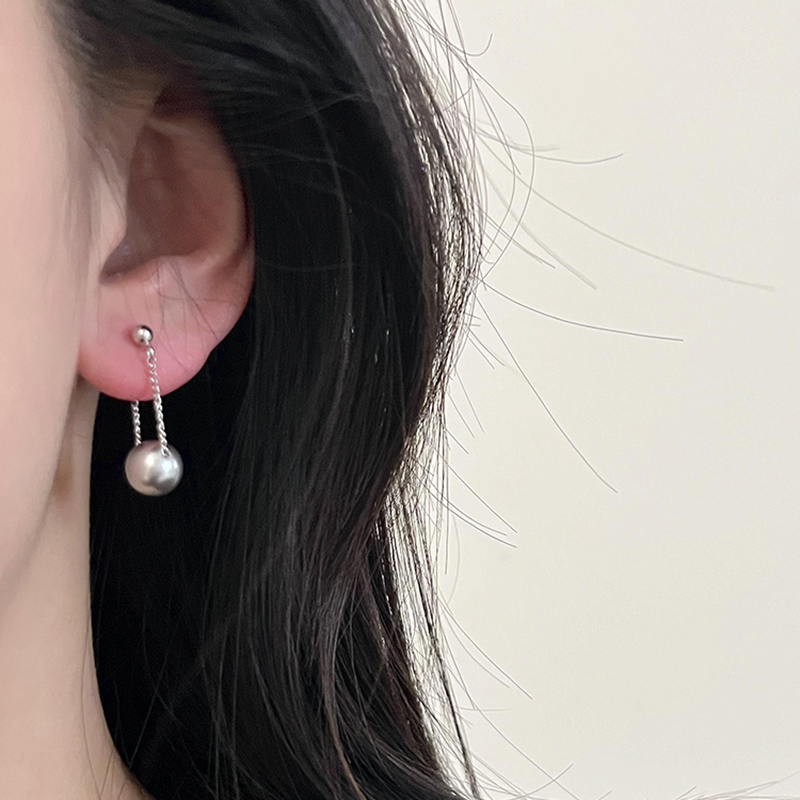 极简灰珍珠耳环 925纯银短款连体后挂式耳坠简约个性时尚耳钉