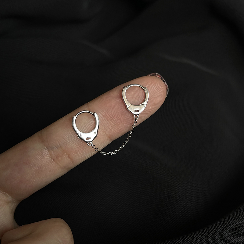 连体小耳扣◆通体925纯银双耳洞耳环个性耳桥精致耳圈睡觉不用摘