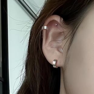 通体925纯银宽面线条耳骨耳扣 素圈百搭养耳洞耳环男女同款耳钉