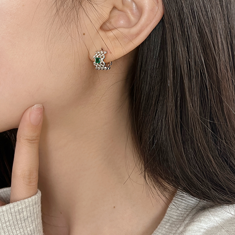 回馈！半包耳式编织宽版简约绿钻高级女通体S925纯银气质耳钉耳环