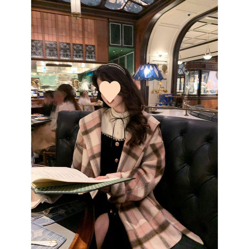 秋冬新款气质小香风套装裙女赫本风黑丝绒吊带裙/蕾丝衬衫两件套