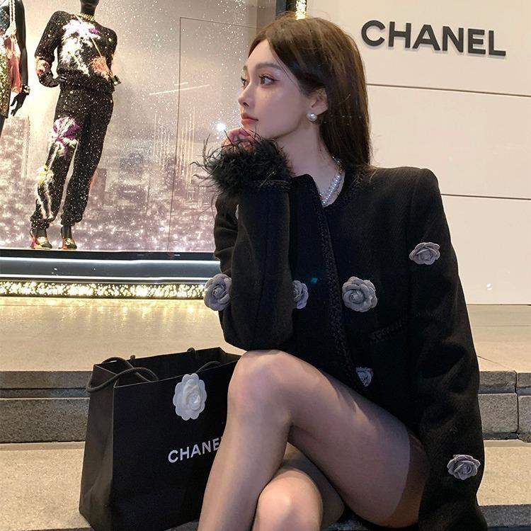kissis 法式山茶花黑色小香风外套女短款精致富家千金感上衣