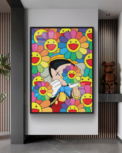 潮牌kaws村上隆太阳花暴力熊客厅装饰画艺术挂画现代轻奢高级感