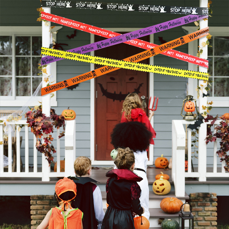 万圣节酒吧鬼屋密室逃脱恐怖装饰道具骷髅警戒带隔离带警戒线布置