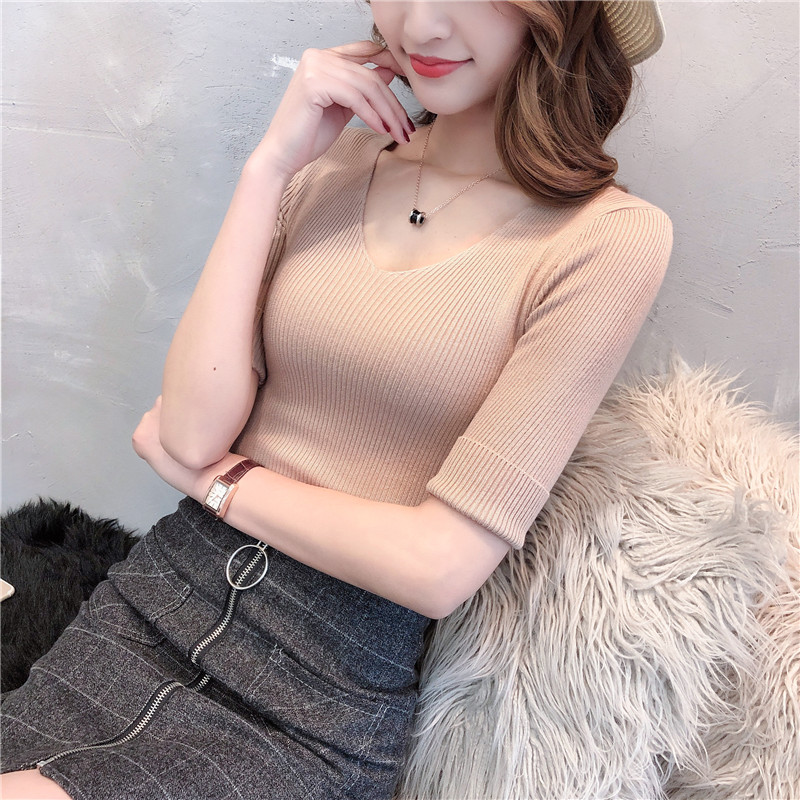 2021秋季新款v领中袖上衣女薄款毛衣I七分袖修身紧身针织衫打底衫