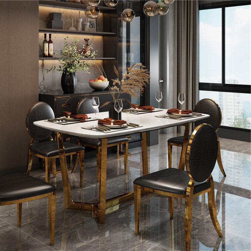 轻奢餐桌皮艺椅组合后现代简约长方形多功能饭桌子不锈钢餐桌家用