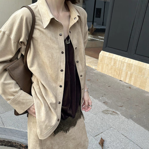 [开蒲]十三行秋法式几件廓形开衫外套鹿皮绒百搭衬衫女CSA7170